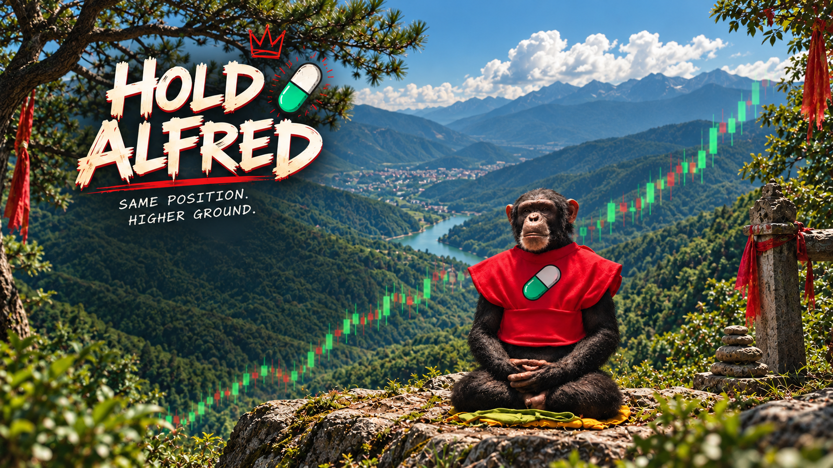 Hold Alfred. Same position. Higher ground. Alfred sits above a forest valley wearing his red capsule shirt.